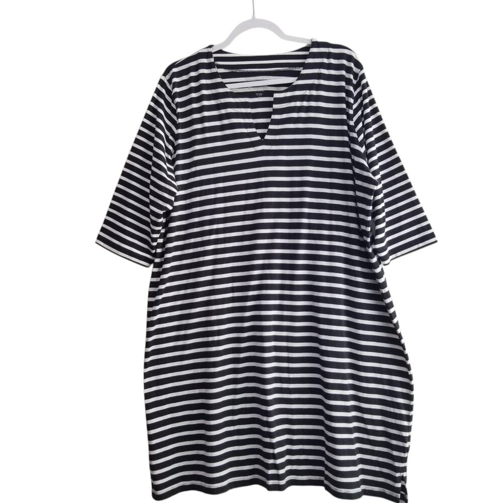 Coolibar NWOT Knit V Neck Tunic Top 3/4 Slv UPF 50 Cotton Bl. Black Striped 2X